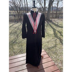 Vintage Louise D Robe Black Size S Long Sleeve Lace Trim Zipper Long Acetate